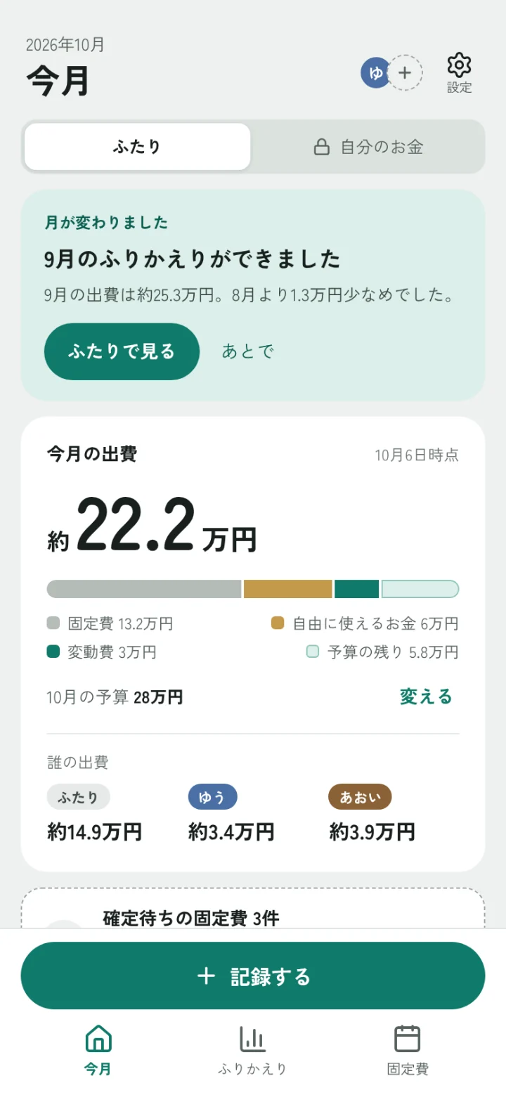 「今月」の画面。今月の出費は約22.2万円で、固定費・自由に使えるお金・変動費・予算の残りが1本のバーに分けて出ている